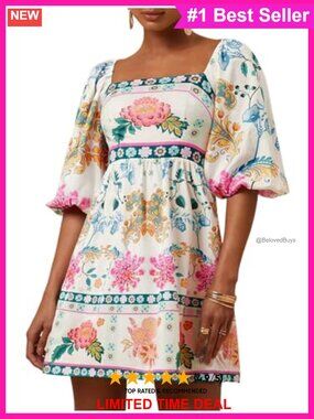 Women's Floral Square Neck Puff Sleeve A Line Short Summer Dress